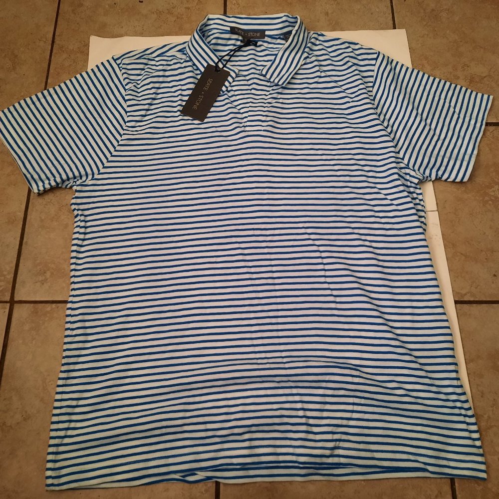 Slate & Stone white blue stripe ope collar polo shirt Size L New